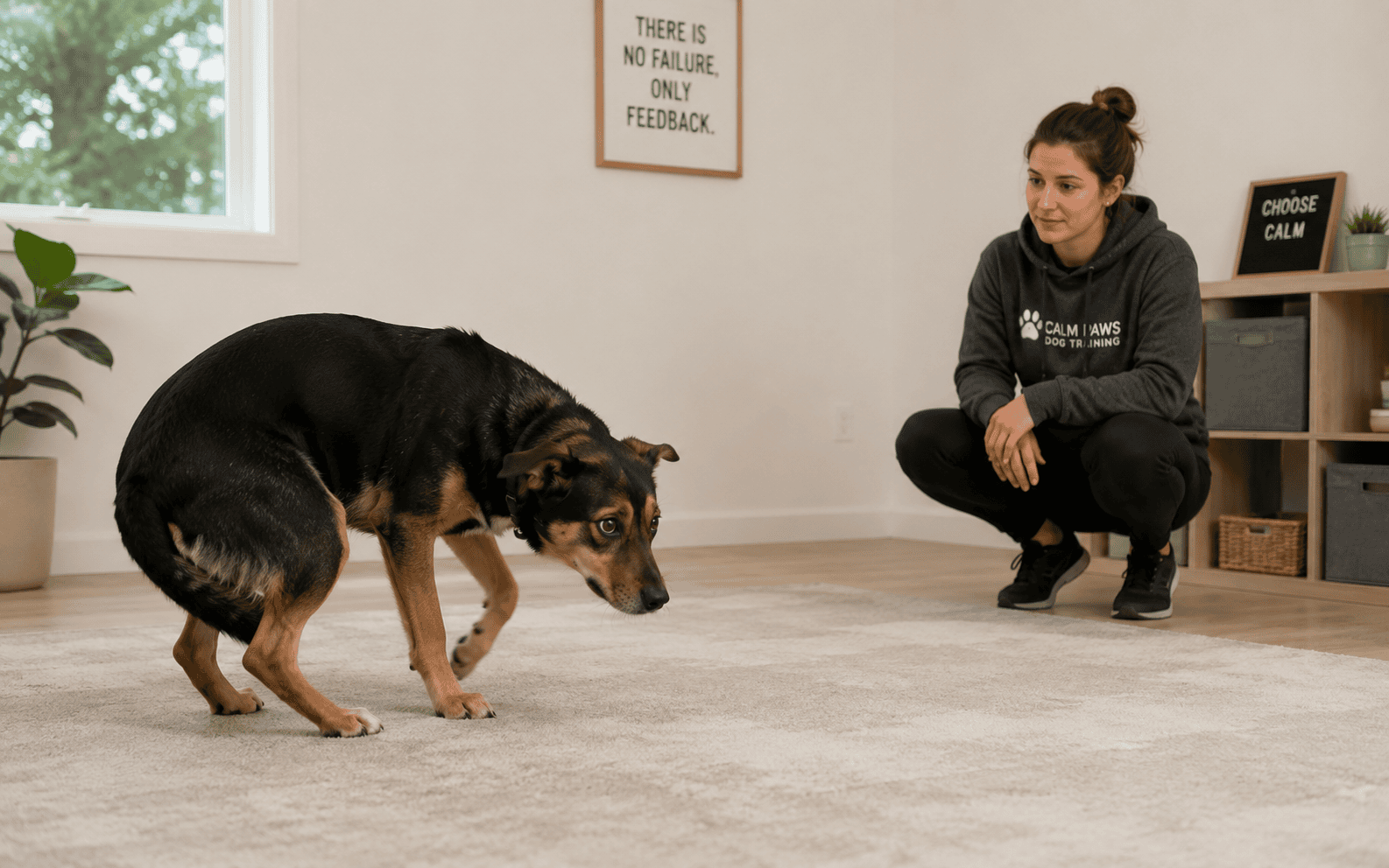 Board and Train for Fearful Dogs: What Really Happens and What to Expect 1 A nervous dog circles on a rug as a woman in a hoodie watches calmly, showing pet behavior at home.