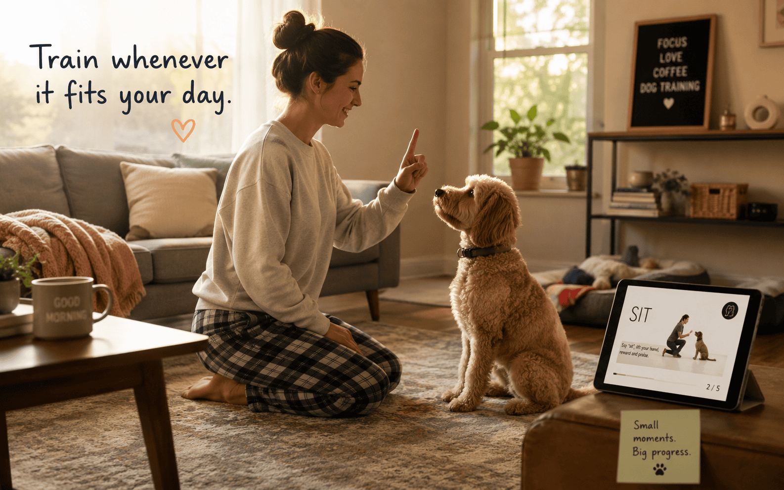 Online Dog Training Courses Benefits: What Every Dog Owner Should Know Before Enrolling 1 Woman in pajamas trains her dog at home, following a virtual lesson on a tablet for pet training.