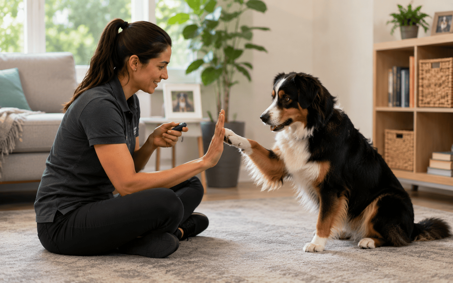 Board and Train for Fearful Dogs: What Really Happens and What to Expect 4 A woman sits on a rug in a cozy living room, training her dog to give a high five with friendly focus.