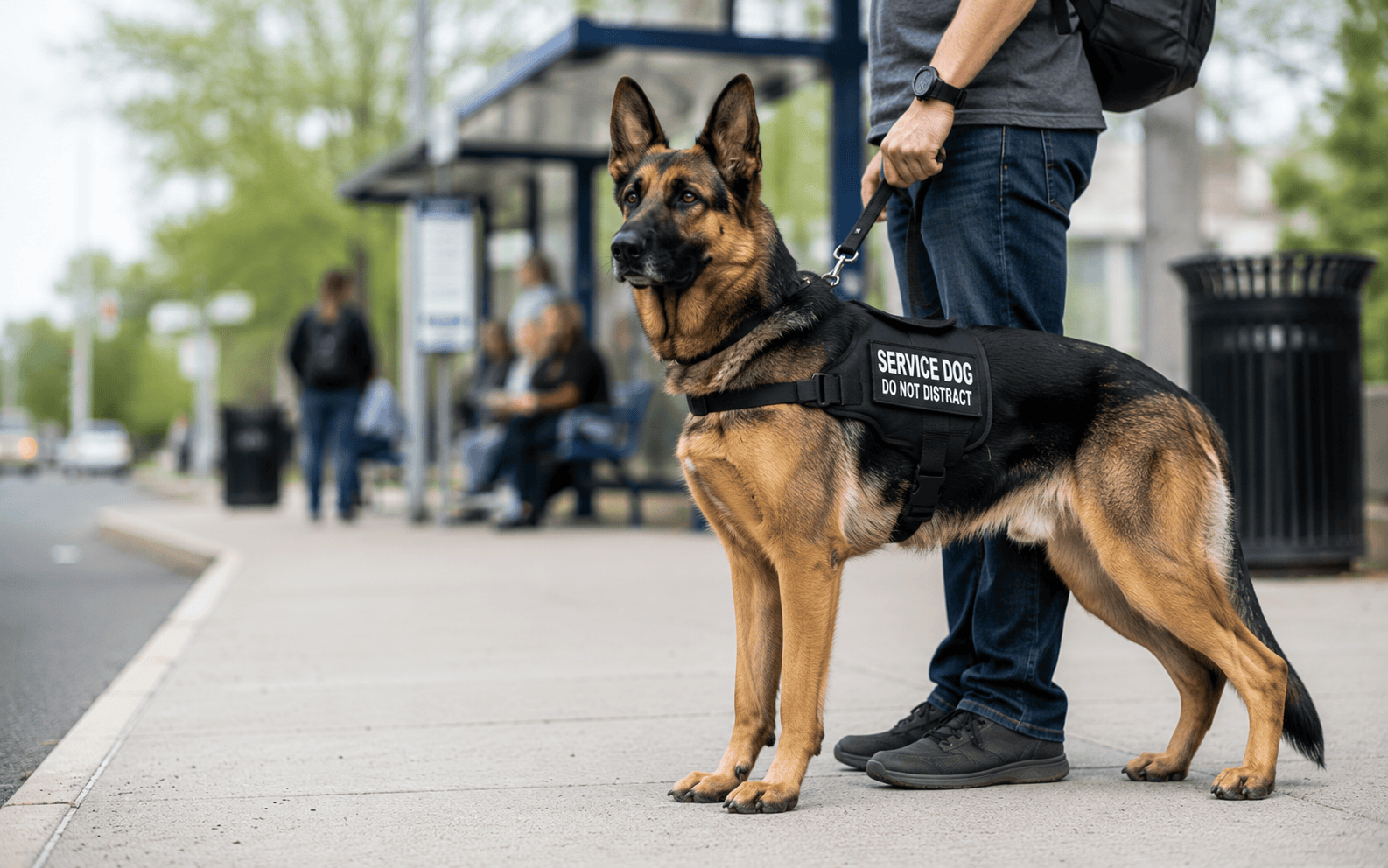 A German Shepherd service dog on a leash waits beside a person at a city bus stop.