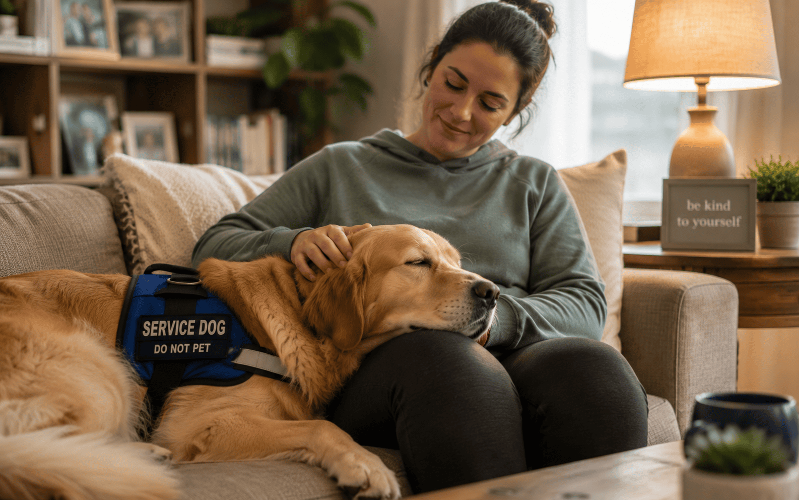 A woman sits on a couch petting her service dog, offering comfort as the dog rests its head on her lap.