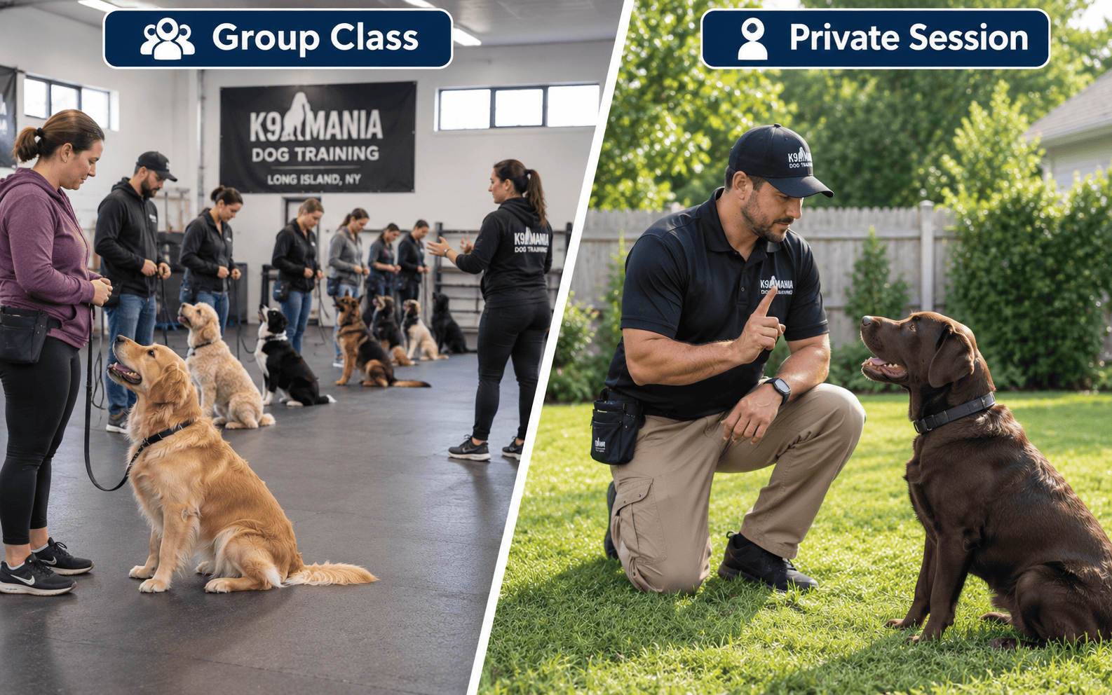 One on One Dog Training Long Island: How It Works, and Whether It's Right for Your Dog 2 Left: indoor group dog training class; right: private outdoor dog obedience session with a trainer.