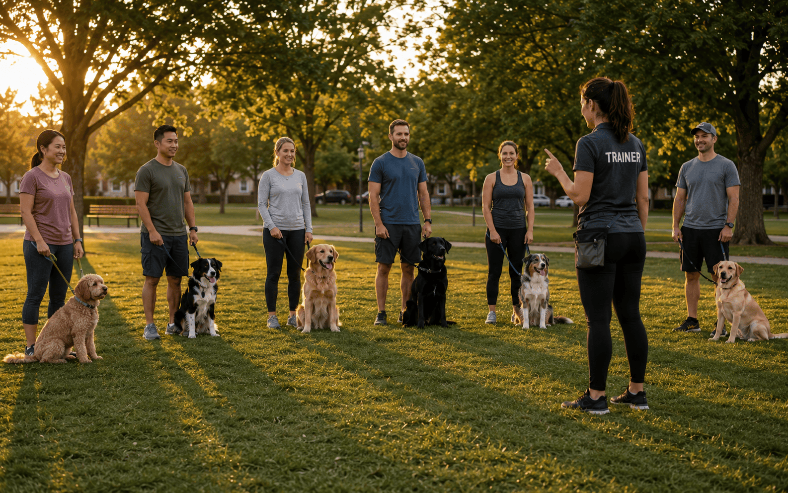 In Home vs Group Dog Training: Which Format Actually Works for Your Dog? 2 A dog trainer demonstrates commands to six owners with leashed dogs in a sunny park training session.