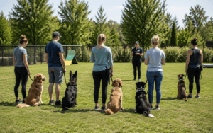 People with dogs sit in a row on grass facing an outdoor instructor on a sunny day, enjoying dog training.
