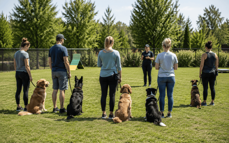 People with dogs sit in a row on grass facing an outdoor instructor on a sunny day, enjoying dog training.