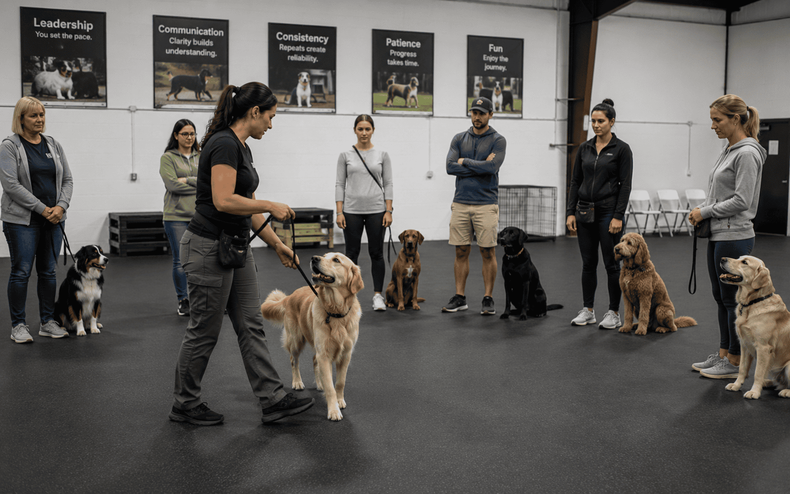 What Are Group Dog Training Classes and When Should You Enroll 1 Dog trainer teaches a Golden Retriever as owners and their dogs attend an indoor training class.