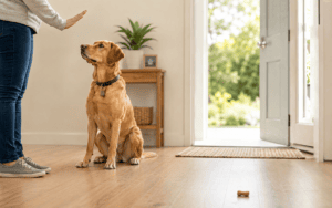 A person signals their sitting dog to wait in a bright entryway, with a treat lying nearby on the floor.