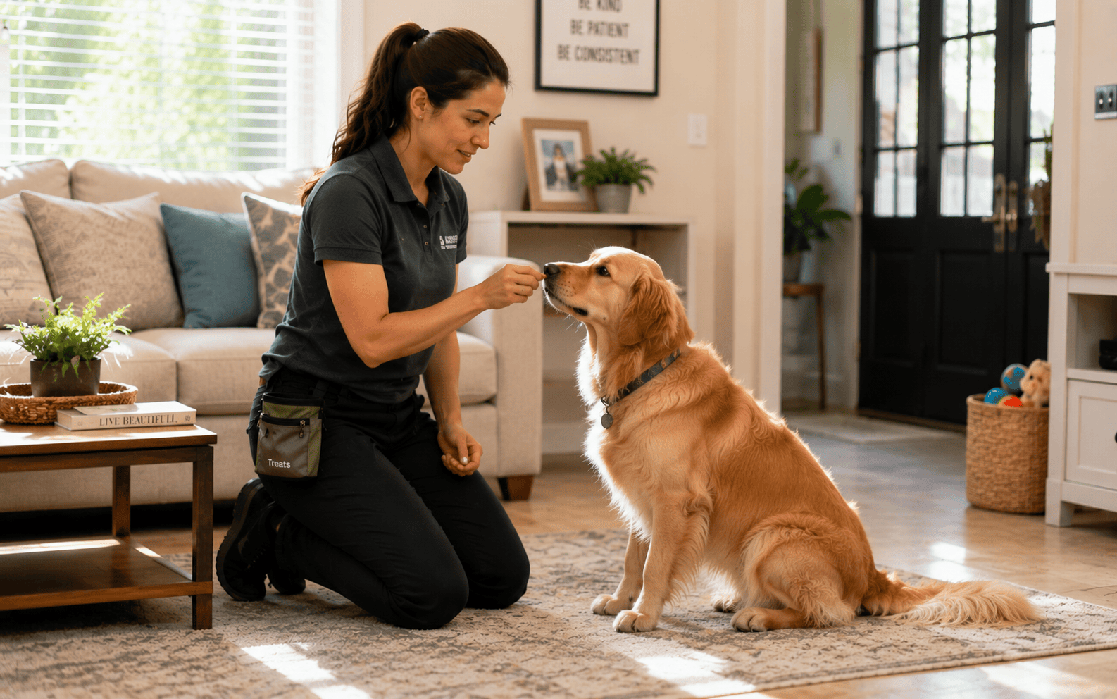 In Home vs Group Dog Training: Which Format Actually Works for Your Dog? 1 A woman kneels in a bright living room, training her golden retriever with a treat indoors.