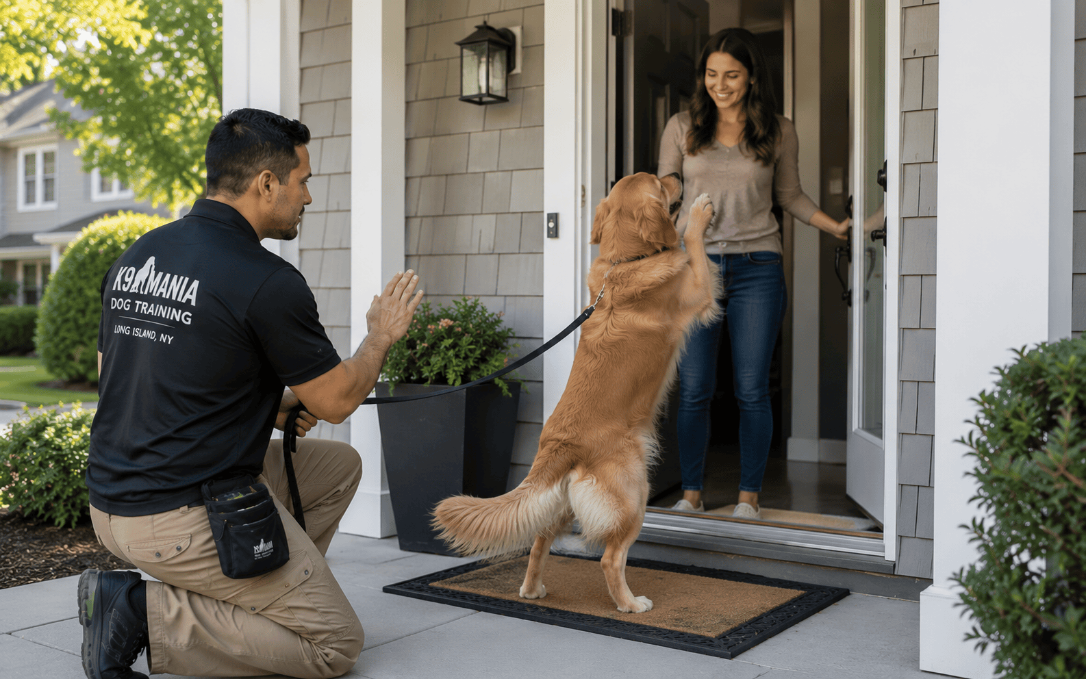 One on One Dog Training Long Island: How It Works, and Whether It's Right for Your Dog 3 A dog trainer kneels with a golden retriever, greeting a smiling woman at her front door on sunny day.