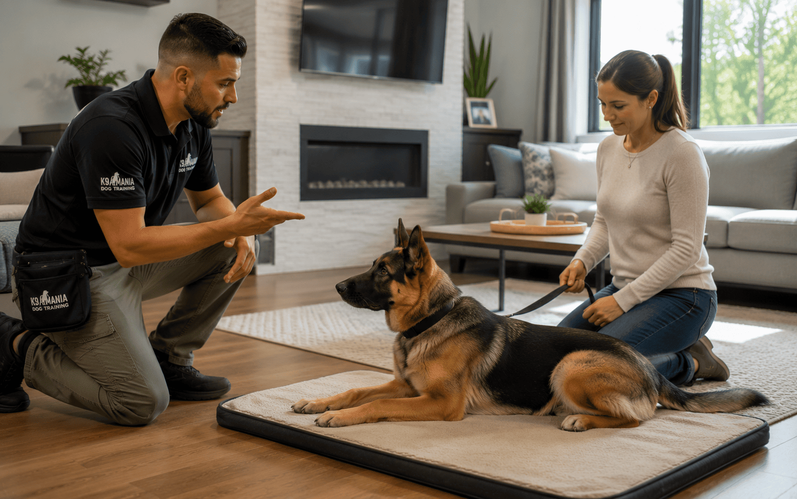 Teaching a Dog to Settle on a Mat: Steps, Tips, and Common Mistakes 5 in home dog training session with professional trainer