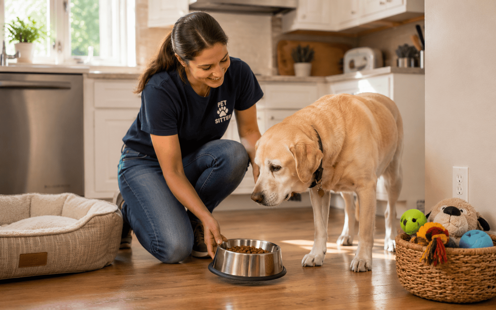 Dog Boarding vs. Pet Sitting: Which Option Is Right for Your Dog? 2 Woman kneeling on kitchen floor serves food to yellow Labrador near a basket of dog toys.