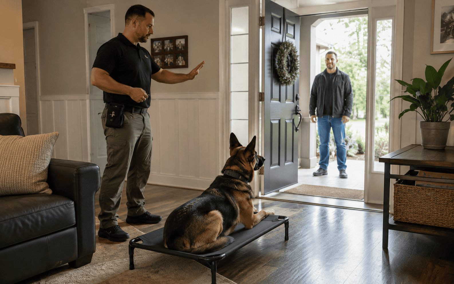 Obedience Training for Aggressive Dogs: Methods, Programs, and What Actually Works 3 A man trains a German Shepherd to stay while another man waits by the open front door.