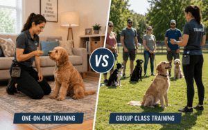 Split image: left features woman training her dog indoors; right shows a group dog training class outside.