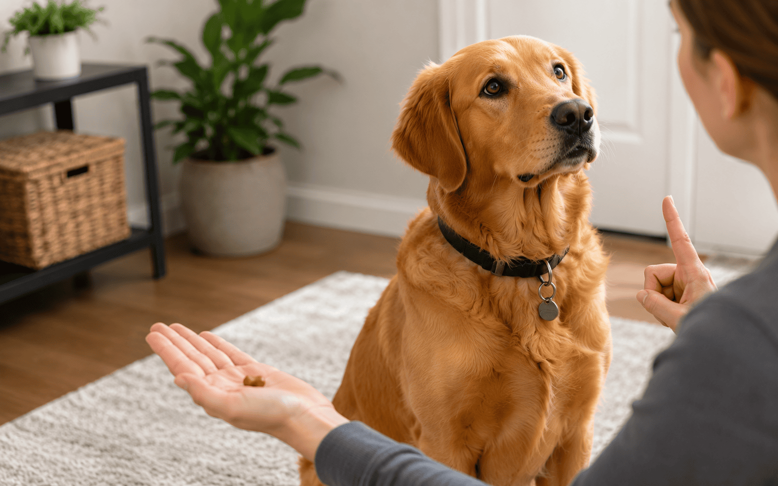 Impulse Control Training for Dogs: Techniques, Timelines, and What Actually Works 3 A person trains a golden retriever at home, holding a treat and giving a verbal dog training command.