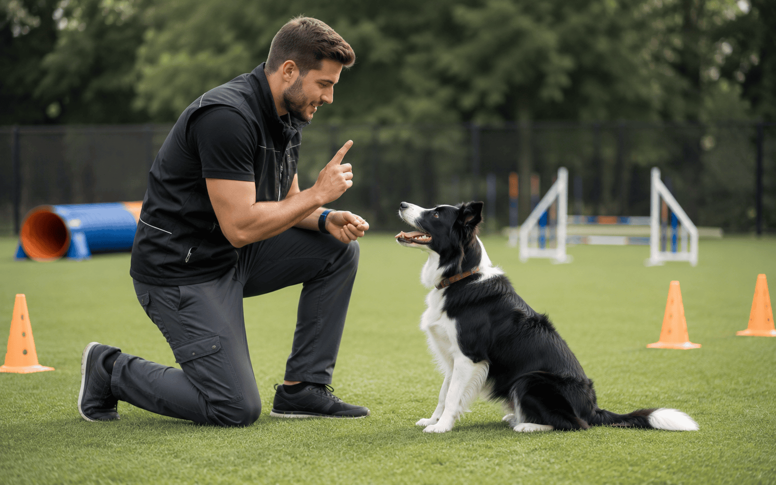A man kneels on grass, training a black and white dog near orange cones and agility equipment.