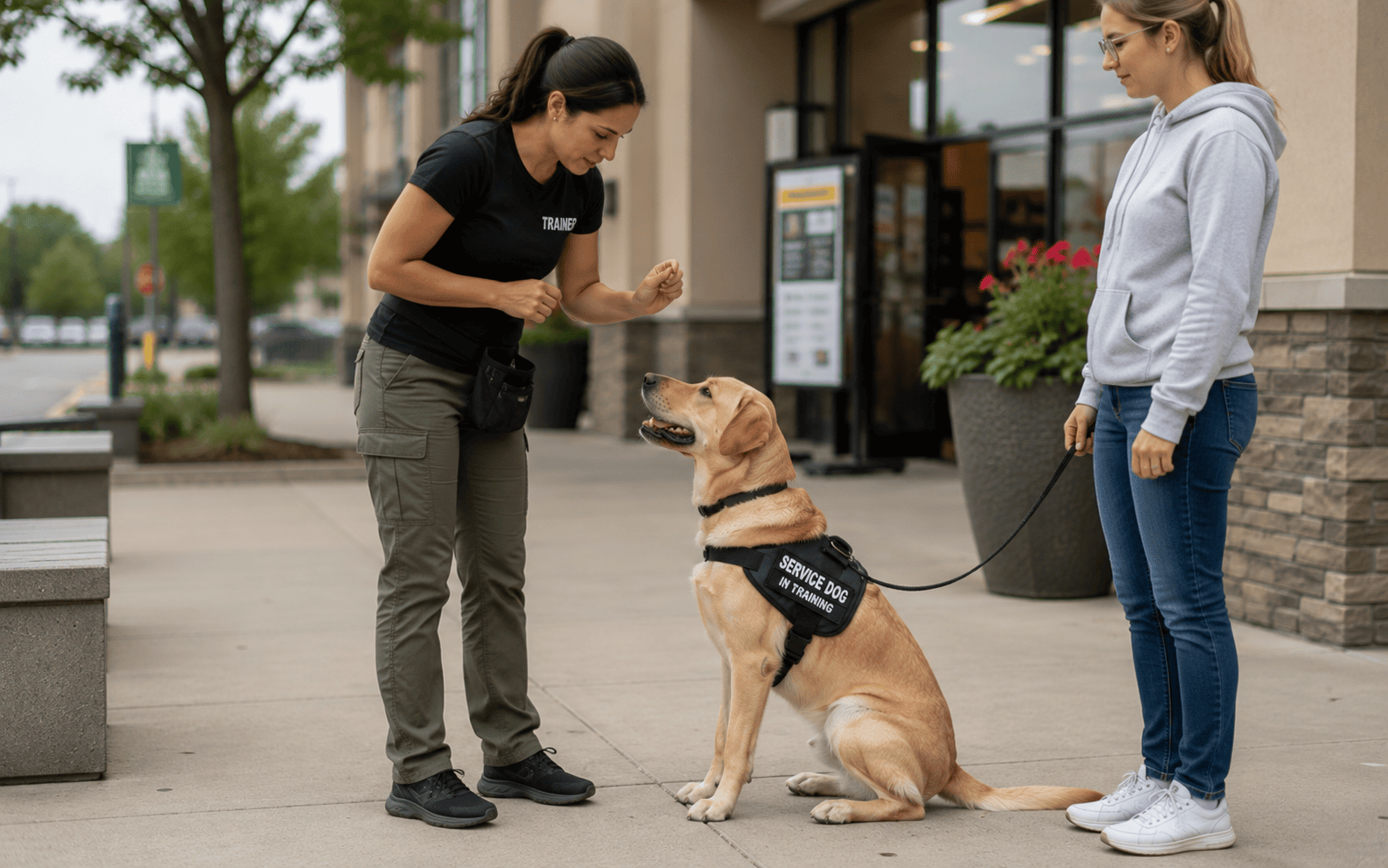 A service dog wearing a vest sits as a trainer gestures and another woman holds its leash outside a store.