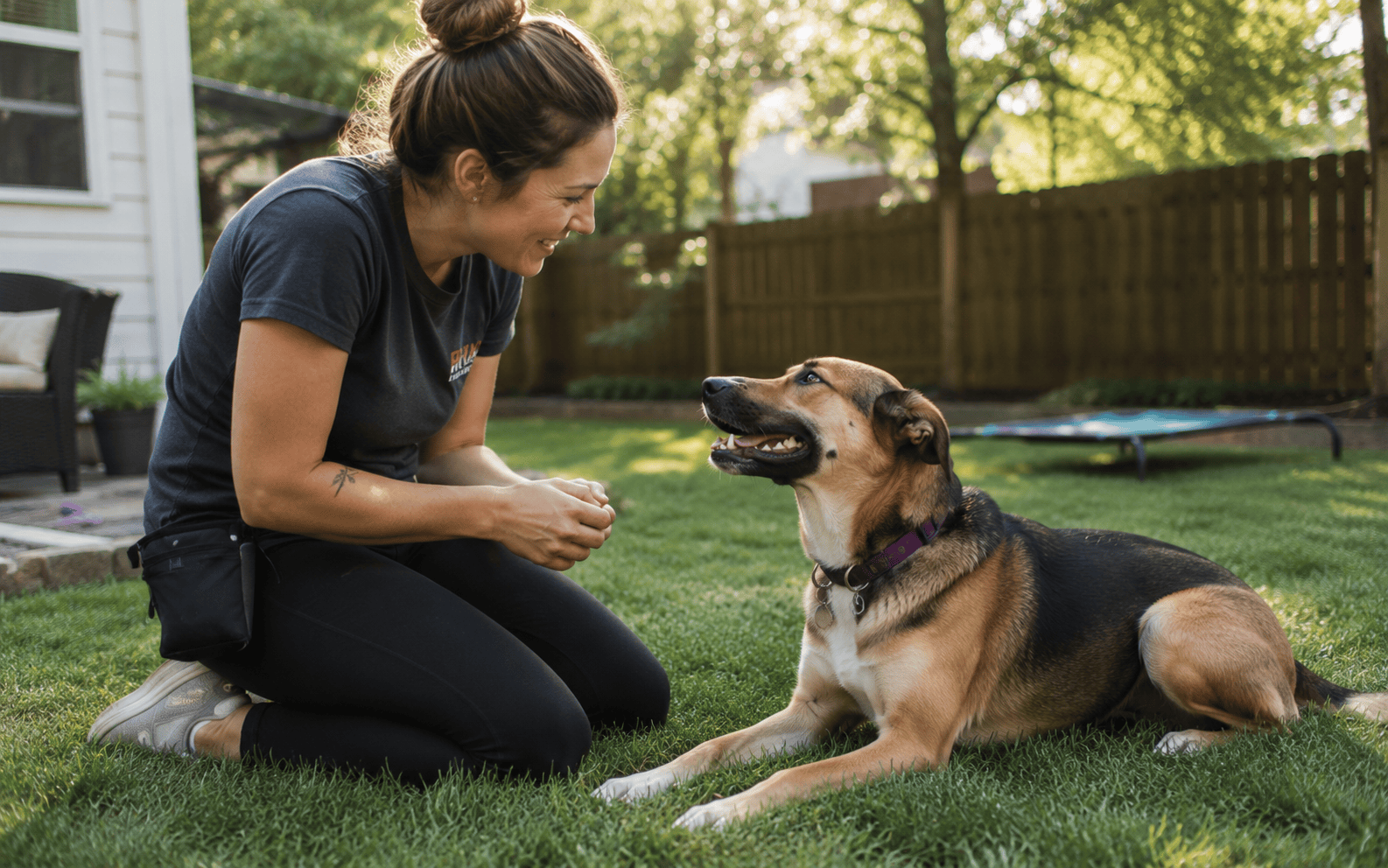Woman kneeling on grass smiles at a German Shepherd mix dog lying in a backyard with green grass.