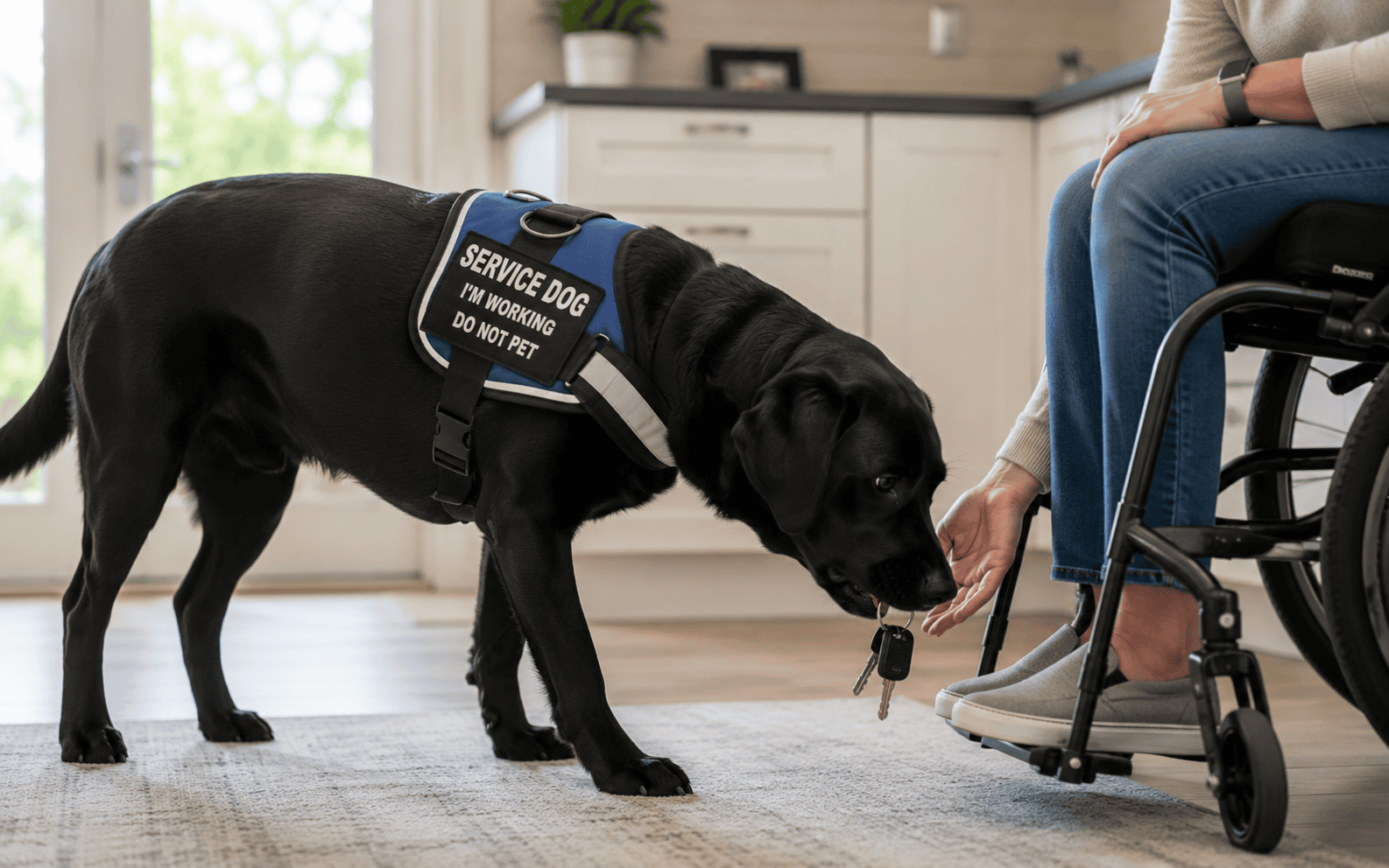 A service dog in a vest hands keys to a wheelchair user inside their accessible home for disability support.