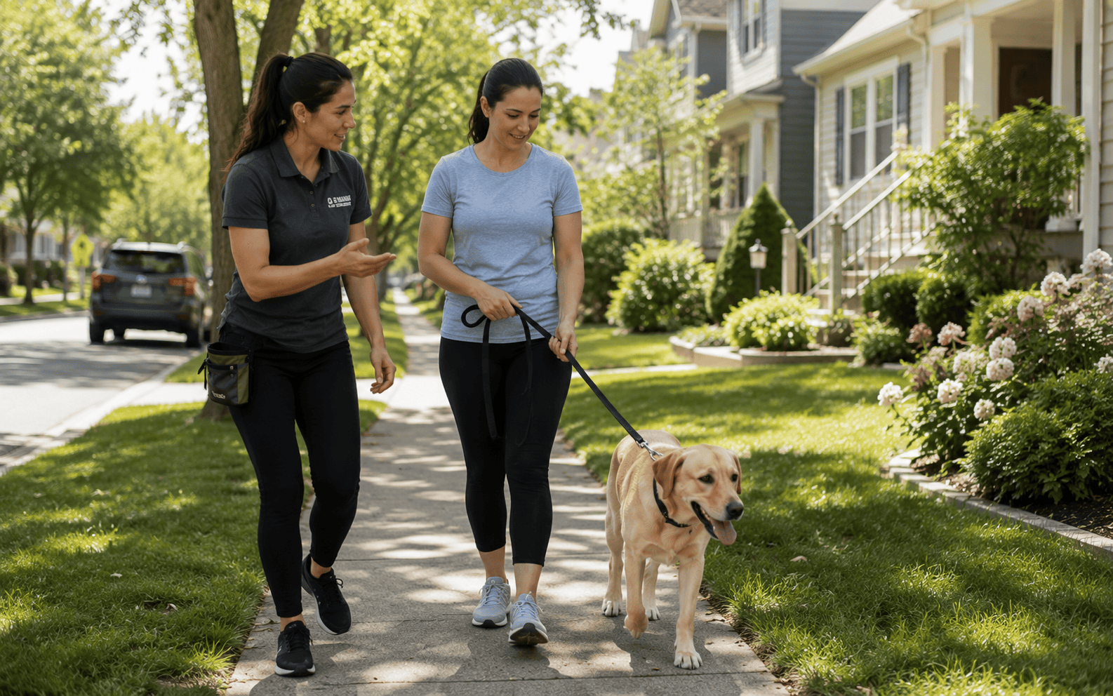 In Home vs Group Dog Training: Which Format Actually Works for Your Dog? 4 Two women walk and talk on a sunny sidewalk while one walks a yellow labrador happily on a leash.