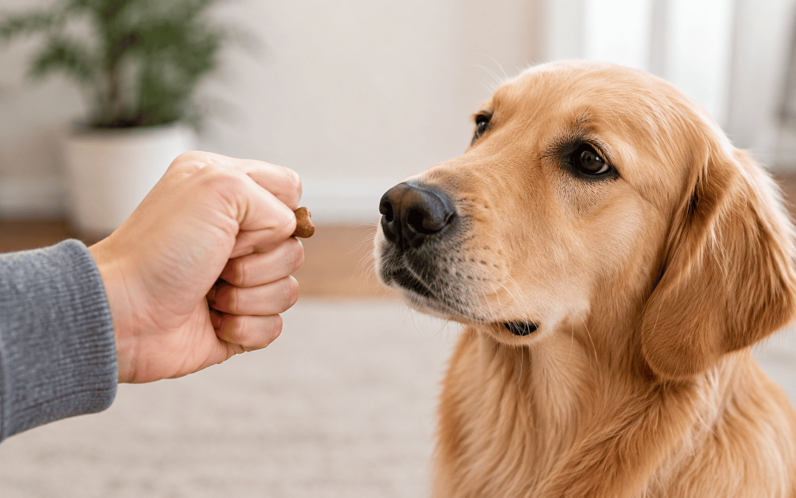 Impulse Control Training for Dogs: Techniques, Timelines, and What Actually Works 1 A golden retriever stares eagerly at a person holding a dog treat right in front of its nose.