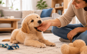 A golden retriever puppy playfully bites a woman's hand as they relax on a rug in a cozy living room.