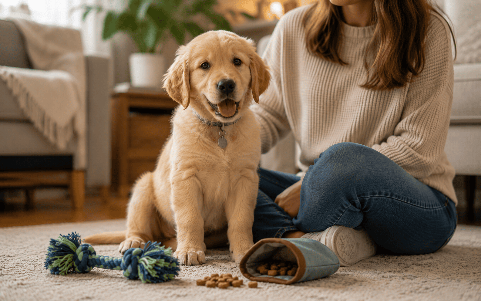 A golden retriever puppy sits on a carpet with a woman, rope toy, and dog treats in a cozy living room.