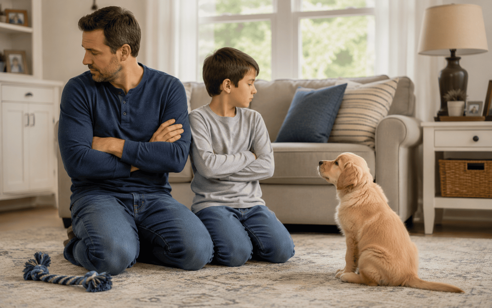 A man and boy sit cross-legged with arms crossed in a living room, ignoring a golden retriever puppy.