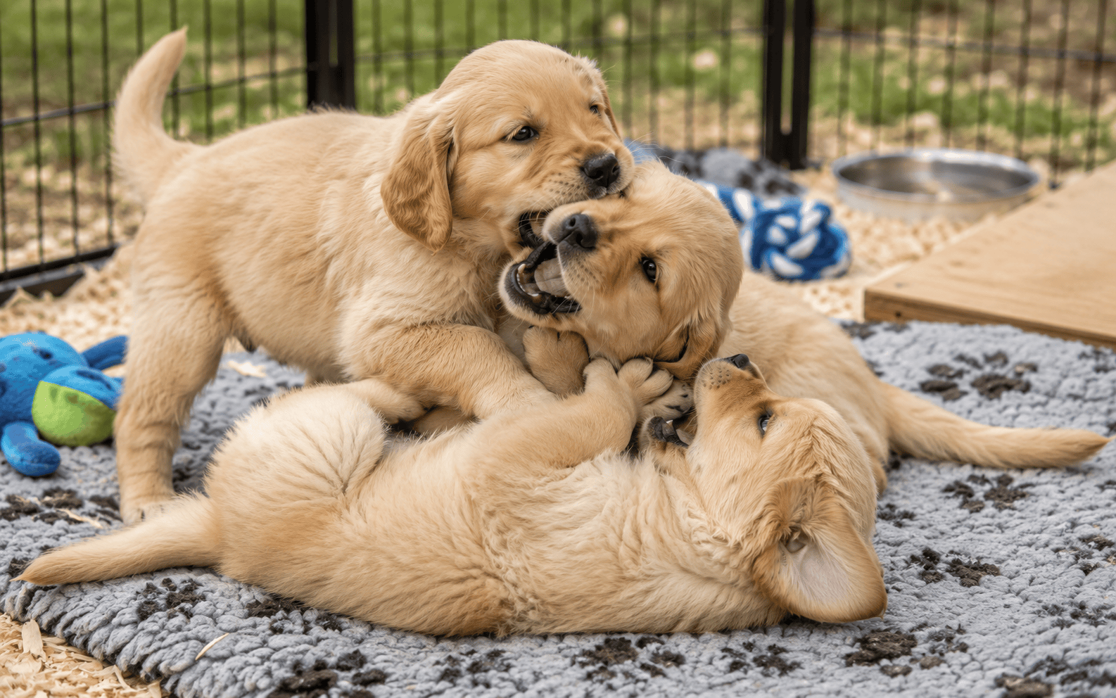 Three golden retriever puppies are playfully wrestling on a gray rug in a fenced outdoor area.