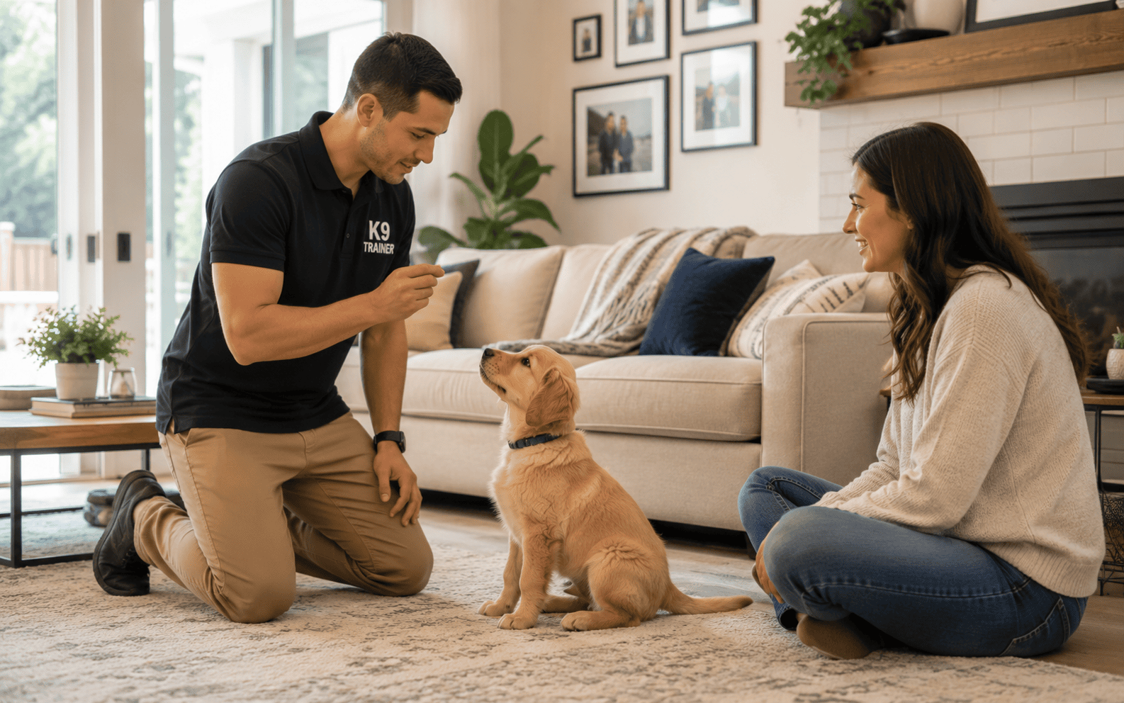 A dog trainer teaches a puppy to sit as a woman watches in a cozy living room, focusing on positive training.