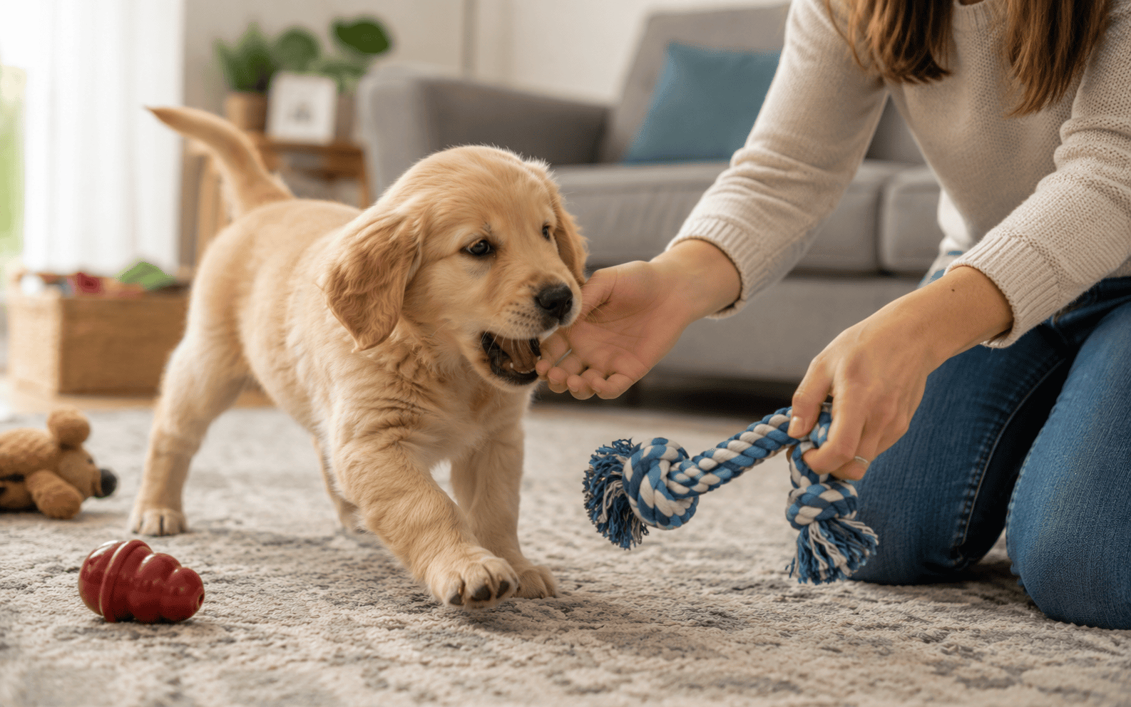 A golden retriever puppy plays tug-of-war with a person kneeling on a carpeted floor, biting a rope toy.