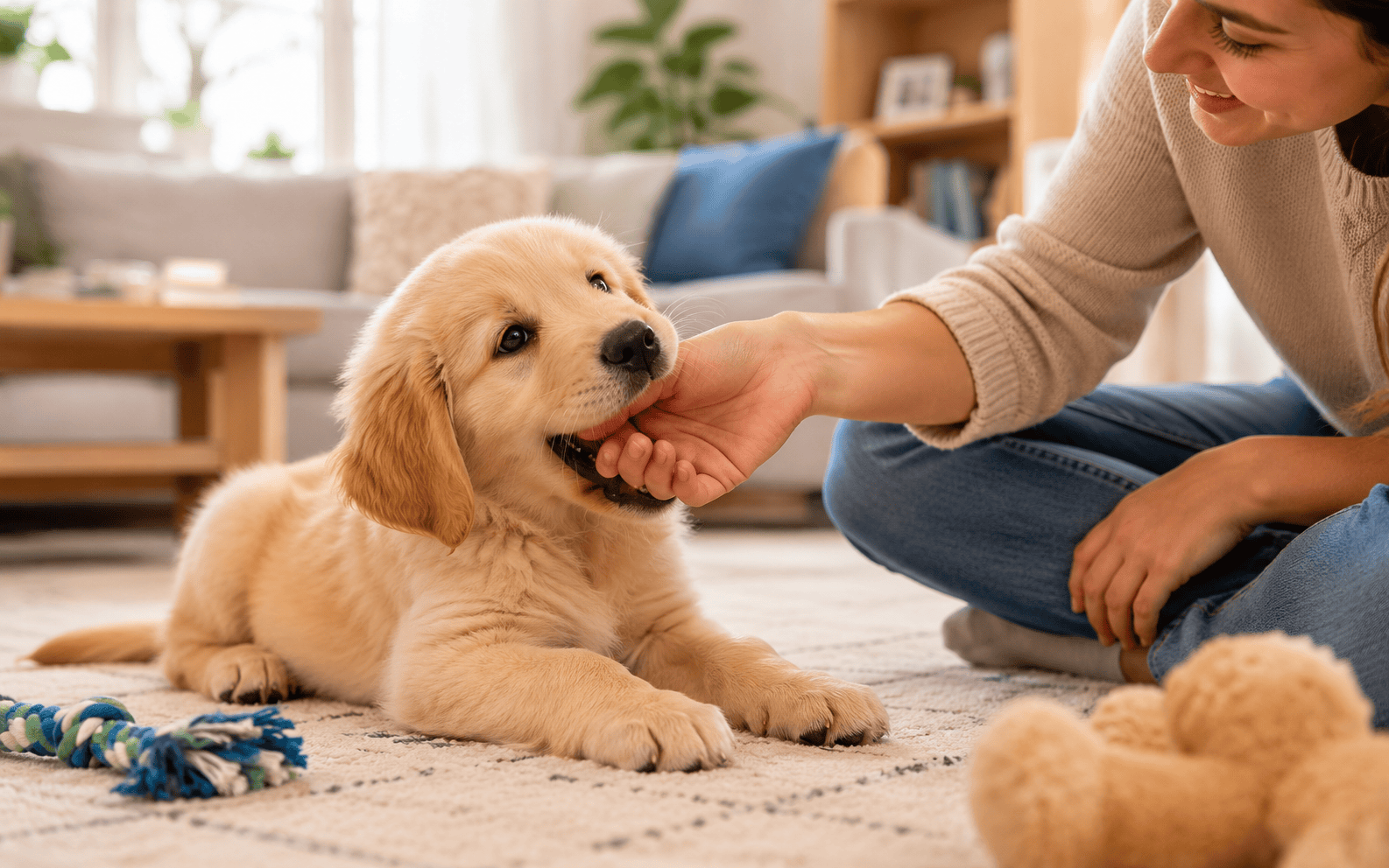 A golden retriever puppy playfully bites a woman's hand as they relax on a rug in a cozy living room.