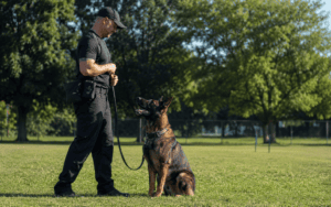 A man in a black uniform and cap trains a German Shepherd on a grassy field during dog obedience training.