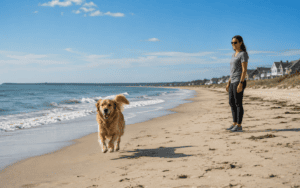 Off leash dog training on Long Island with a golden retriever running on the beach