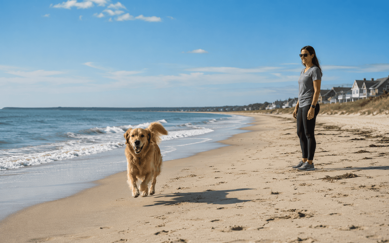 Off leash dog training on Long Island with a golden retriever running on the beach