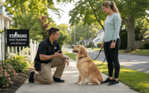 A dog trainer kneels on a suburban sidewalk, guiding a golden retriever and its owner during training.
