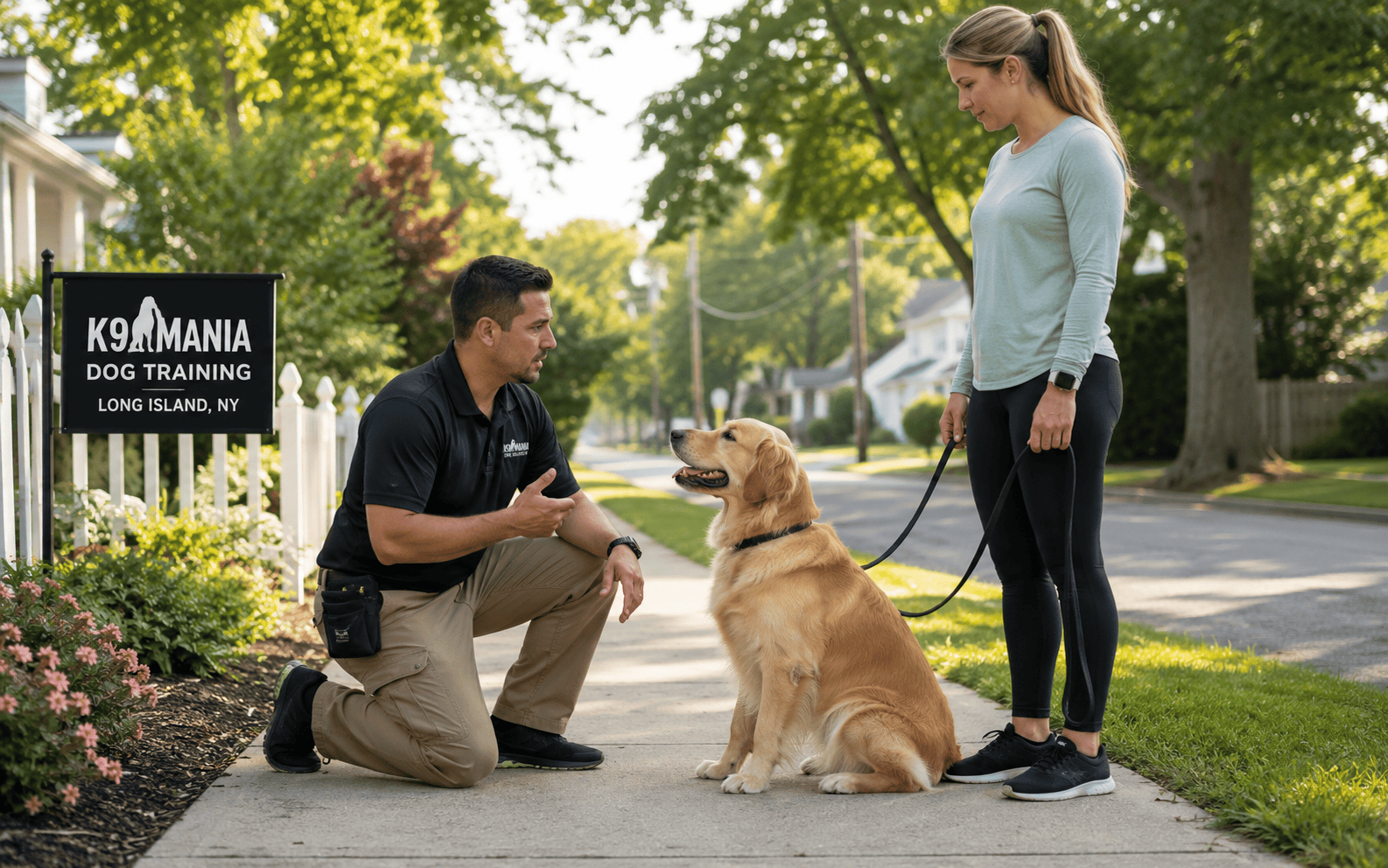 A dog trainer kneels on a suburban sidewalk, guiding a golden retriever and its owner during training.