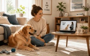 A woman and her golden retriever watch a "Teach Sit" dog training video on a laptop in the living room.