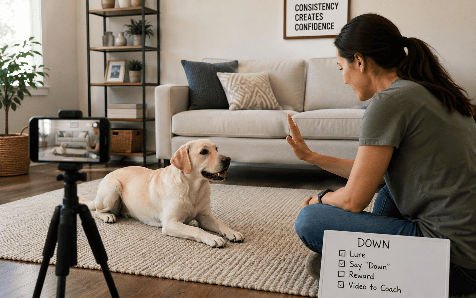 Online Dog Training Courses Benefits: What Every Dog Owner Should Know Before Enrolling 2 A woman trains a yellow lab to lie down at home, filming on her phone with a dog training checklist visible.
