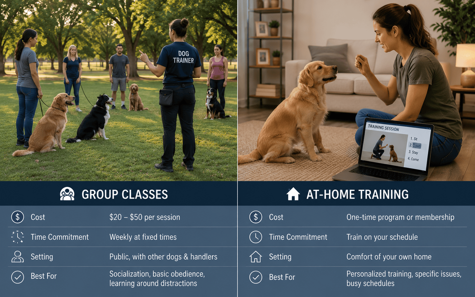 Online Dog Training Courses Benefits: What Every Dog Owner Should Know Before Enrolling 3 A group dog training class is held outdoors, while a woman trains her dog at home via online session.