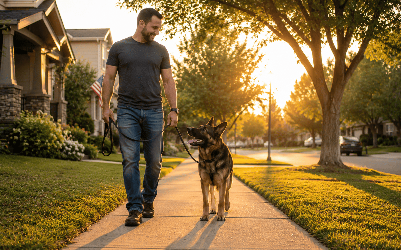 Obedience Training for Aggressive Dogs: Methods, Programs, and What Actually Works 5 A man walks his German Shepherd on a suburban sidewalk at sunset, both appearing content and relaxed.