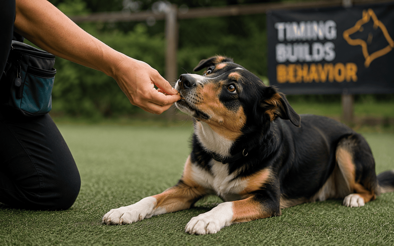 Training Puppies vs. Adult Dogs: What Actually Changes and Why It Matters 3 A person gives a treat to a black and brown dog on grass near a sign reading "Timing Builds Behavior.