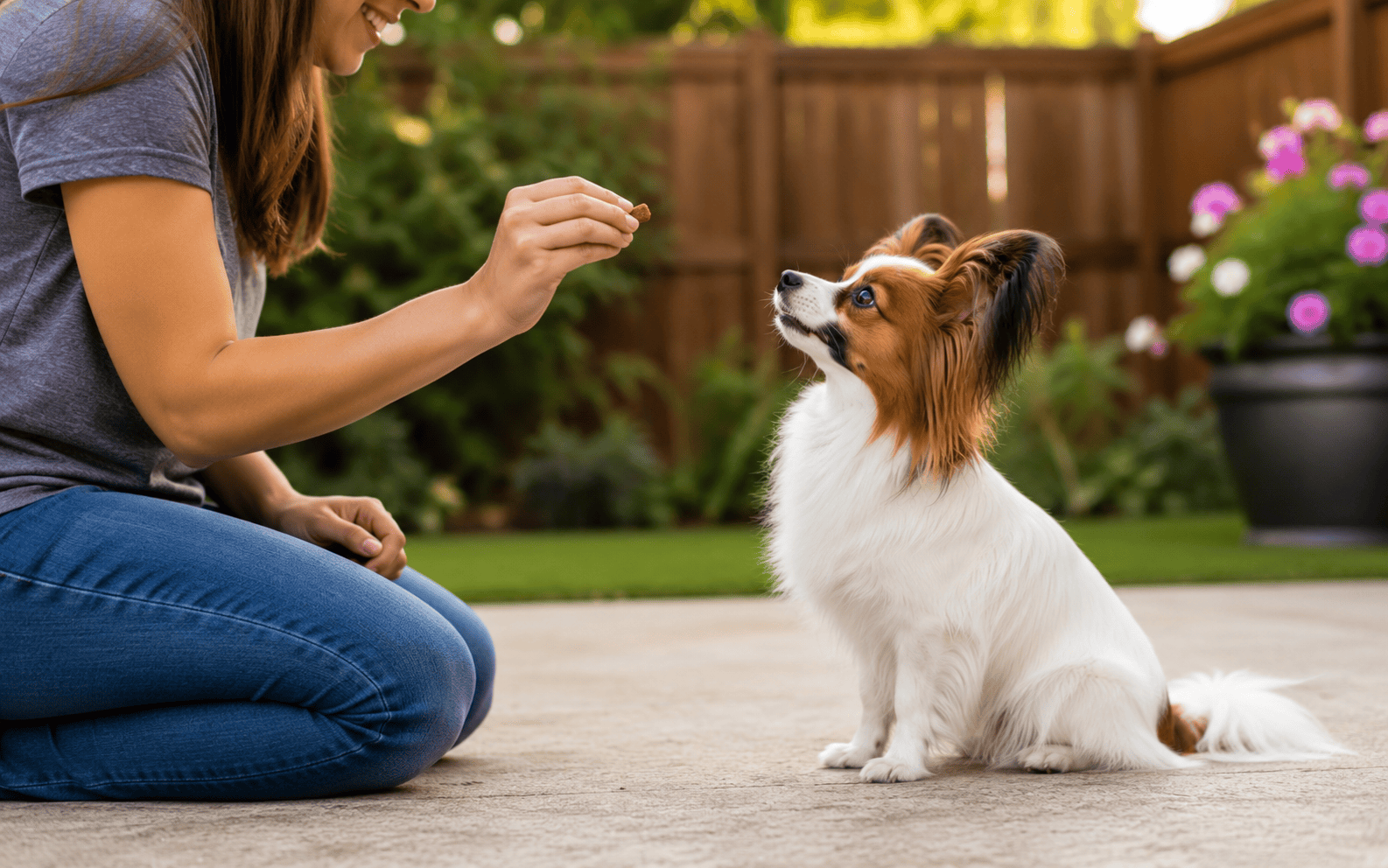 Are Papillon Dogs Easy to Train? What Every Owner Should Know Before Starting 2 A woman kneels outdoors, offering a treat to her small dog who sits and gazes up attentively at her.