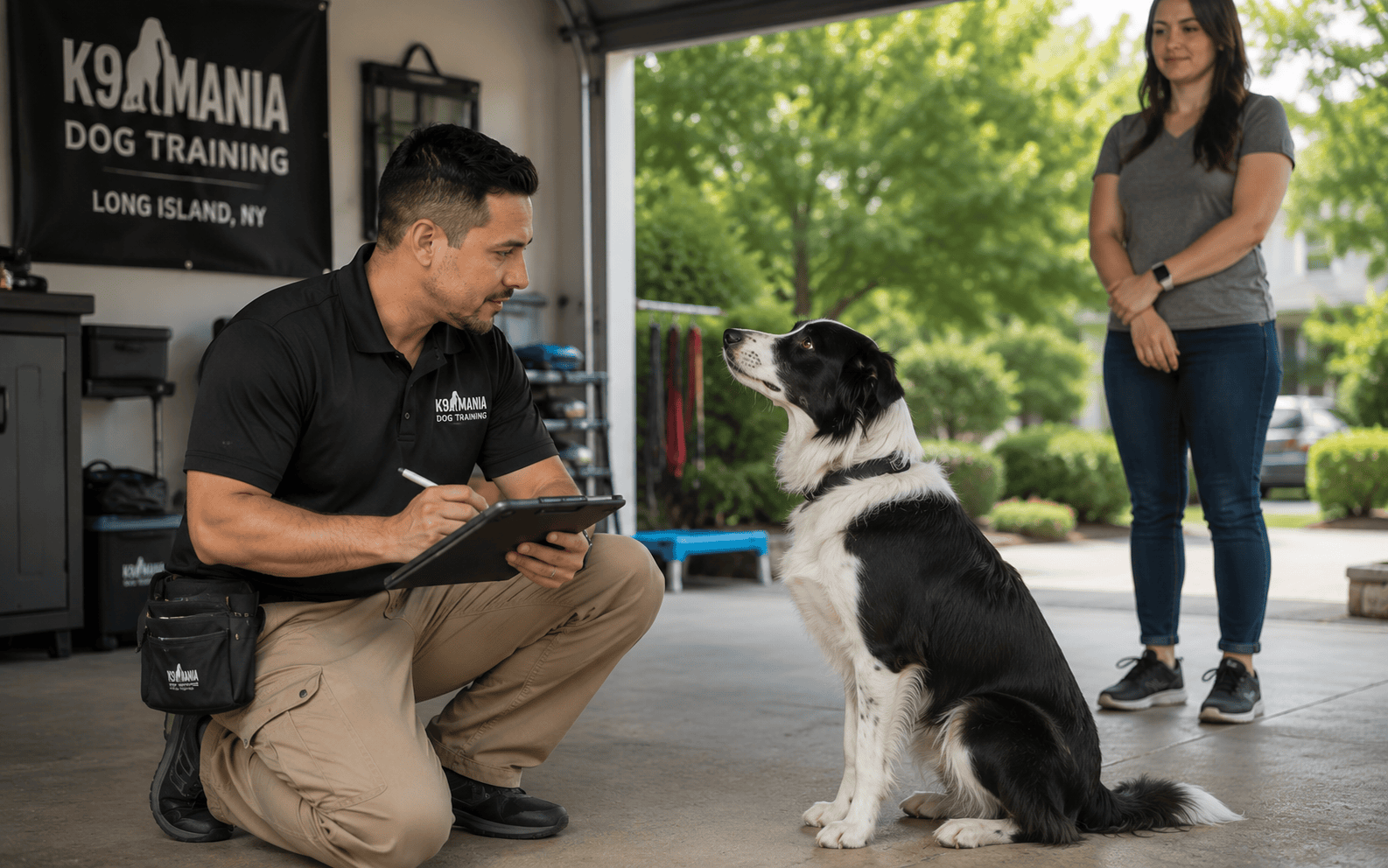 One on One Dog Training Long Island: How It Works, and Whether It's Right for Your Dog 1 A dog trainer with a clipboard observes a border collie and owner during a dog training session in a garage.