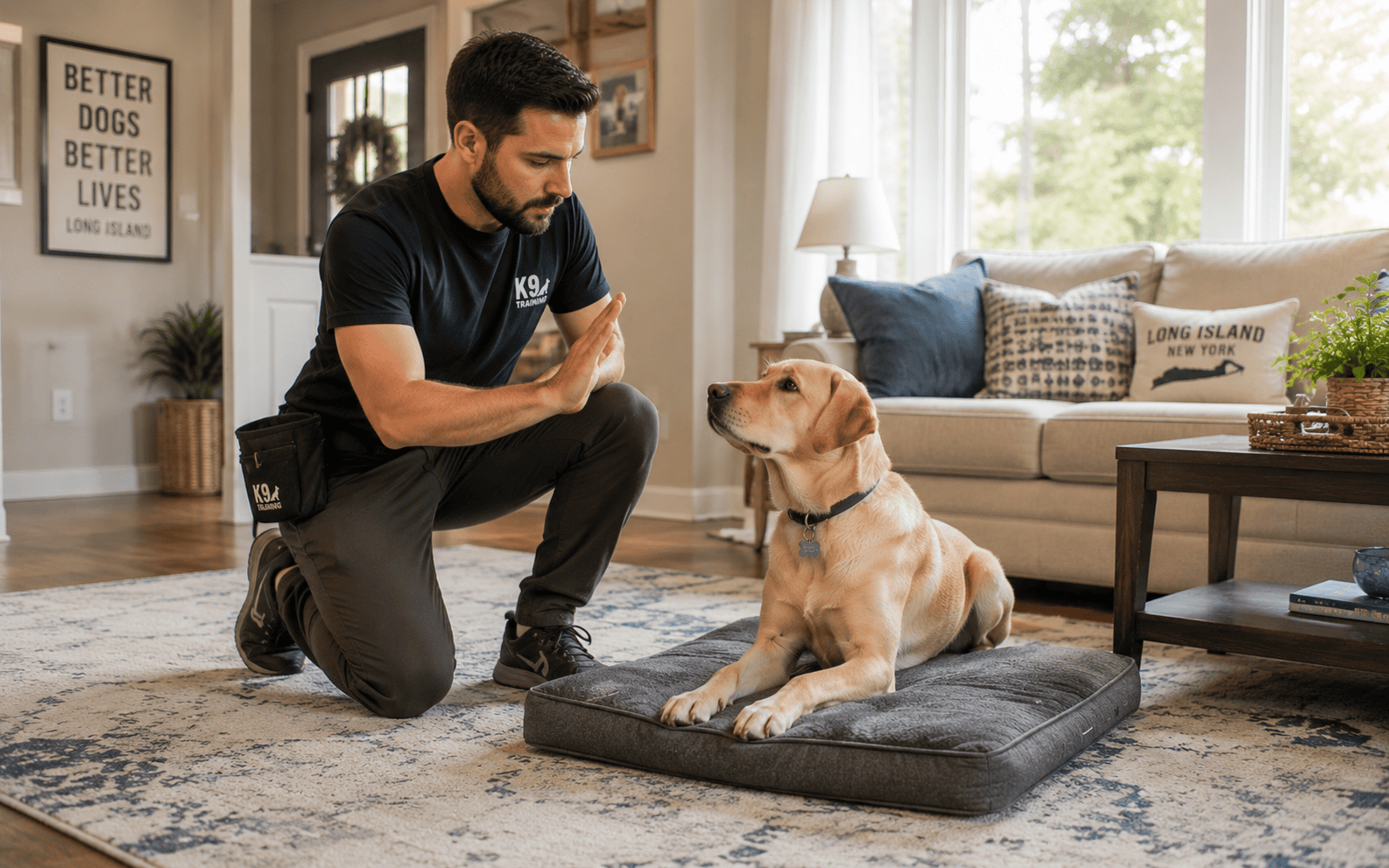 A man kneels and signals to a yellow labrador resting on a dog bed in the living room.