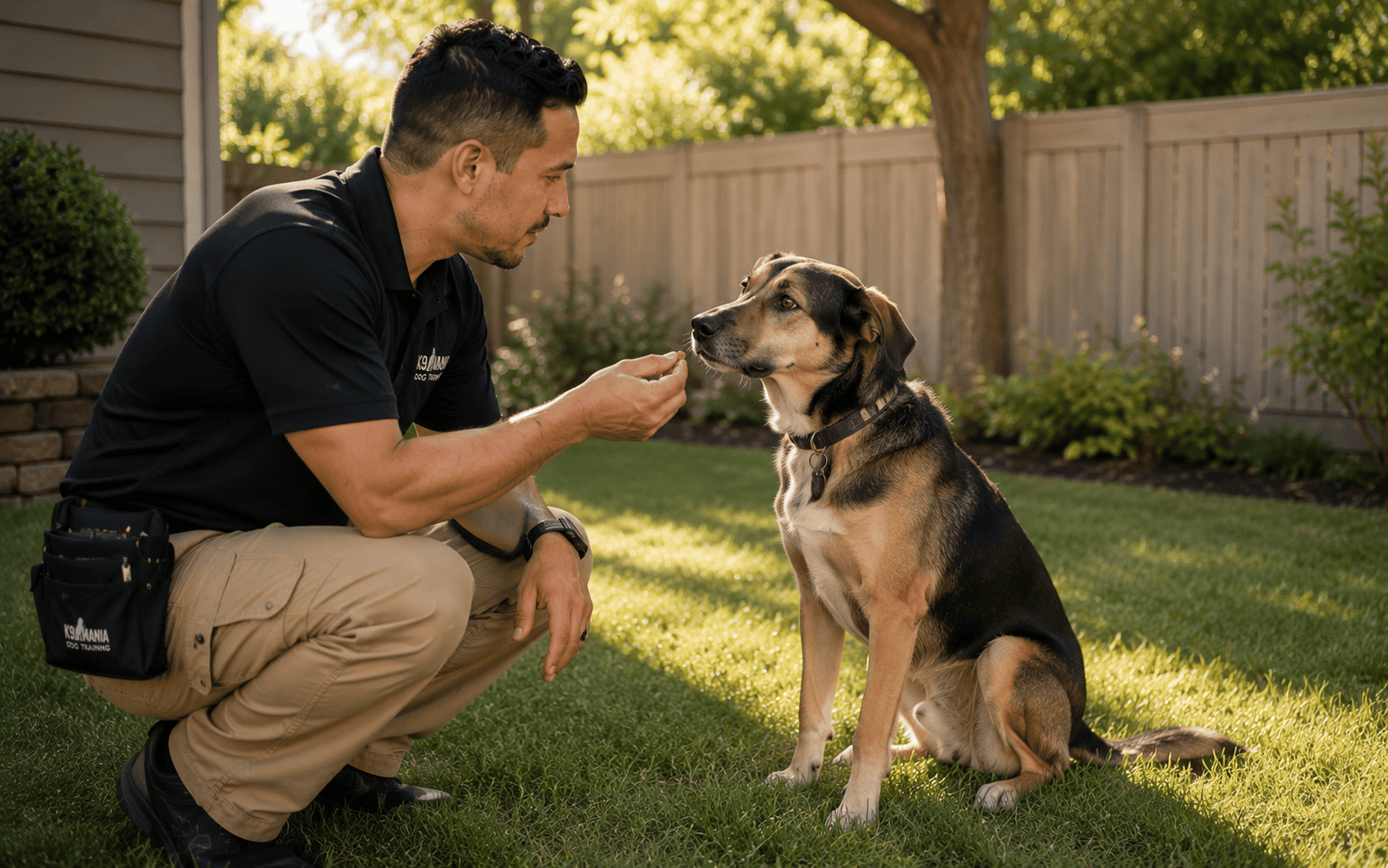 One on One Dog Training Long Island: How It Works, and Whether It's Right for Your Dog 4 A man kneels on backyard grass, offering a treat to an attentive dog sitting in front of him.