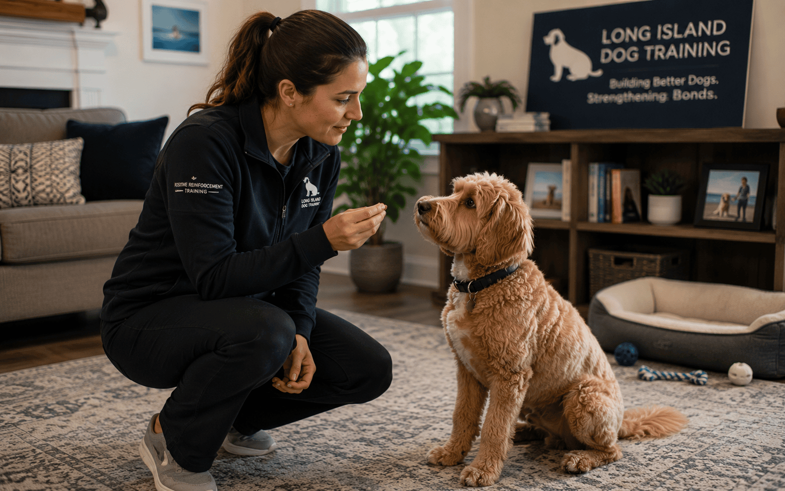 Dog Bite Inhibition Training: What It Is, Why It Matters, and How to Do It Right 5 A woman trains her seated dog with a treat in a cozy living room featuring dog training decor elements.