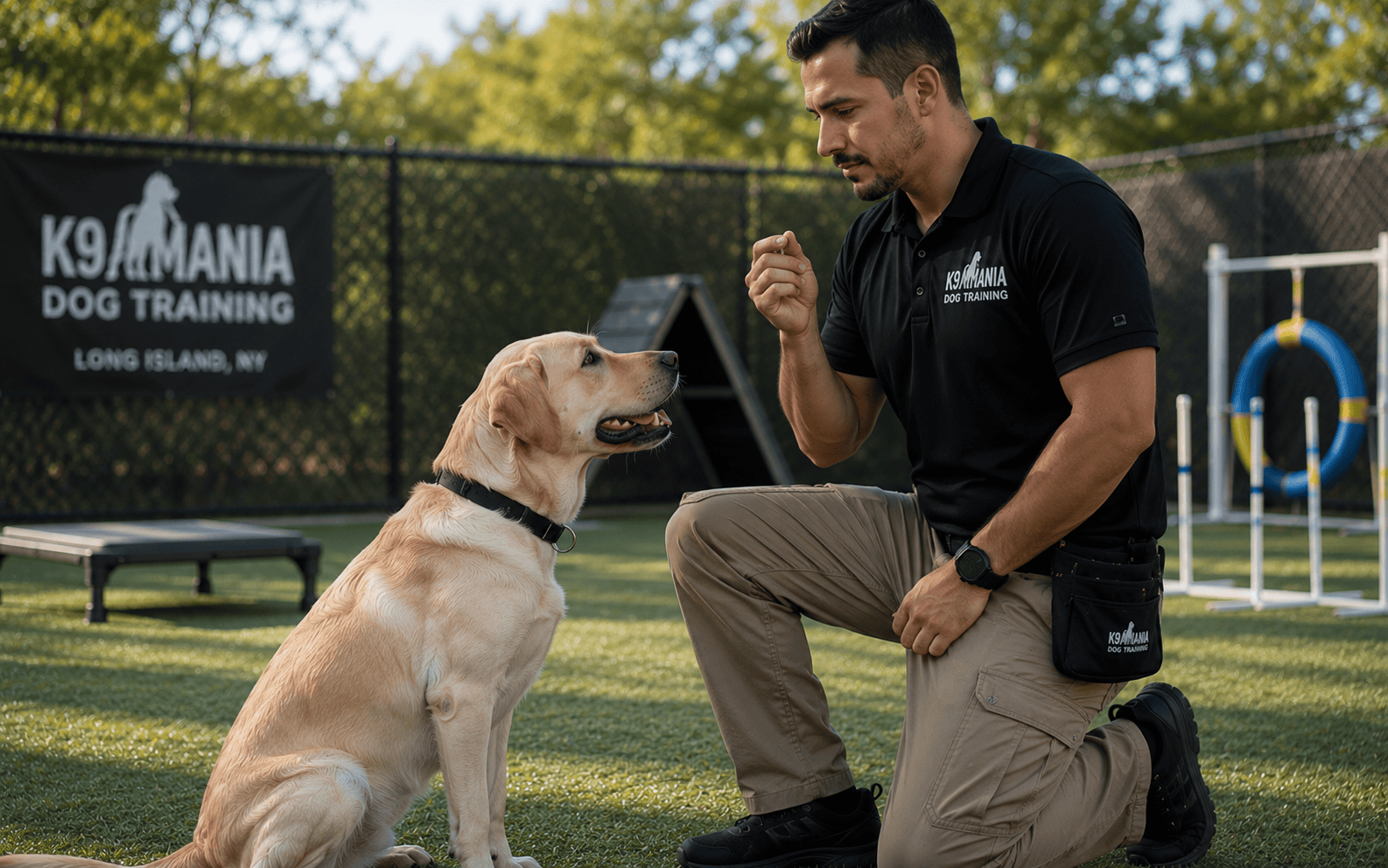 Professional Long Island dog trainer working with a Labrador during a private training session
