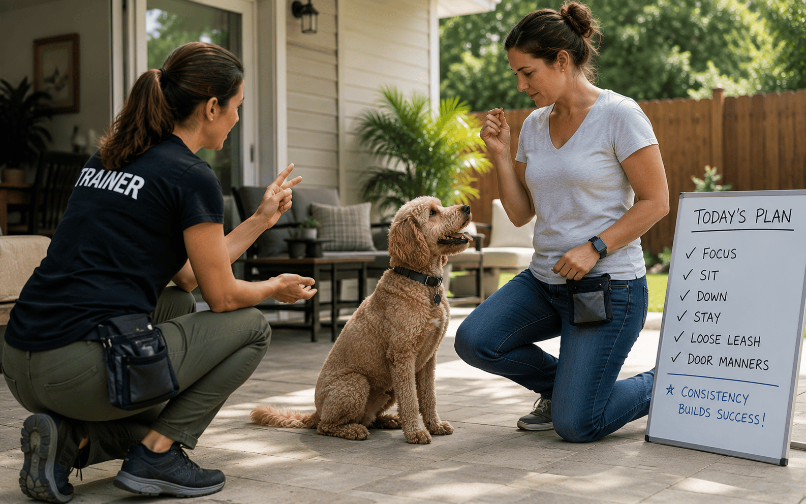 Training Puppies vs. Adult Dogs: What Actually Changes and Why It Matters 4 Two women train a dog outside by a whiteboard listing dog training commands like “Sit” and “Stay.”