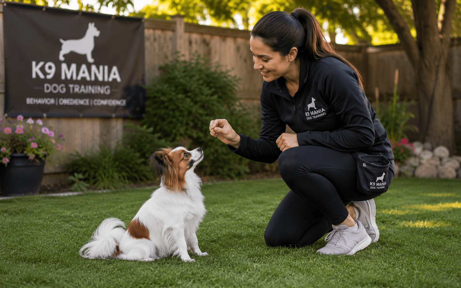 Are Papillon Dogs Easy to Train? What Every Owner Should Know Before Starting 4 A woman trains a small dog with a treat while kneeling on grass at a K9 Mania Dog Training facility outdoors.