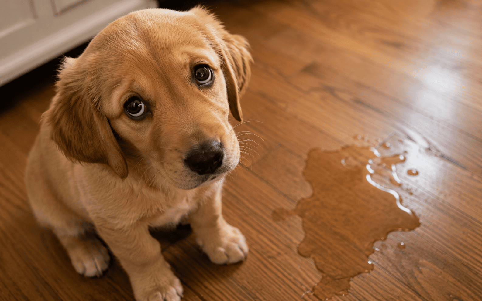A sad puppy with guilty eyes sits beside a small puddle on a wooden floor, looking up for forgiveness.